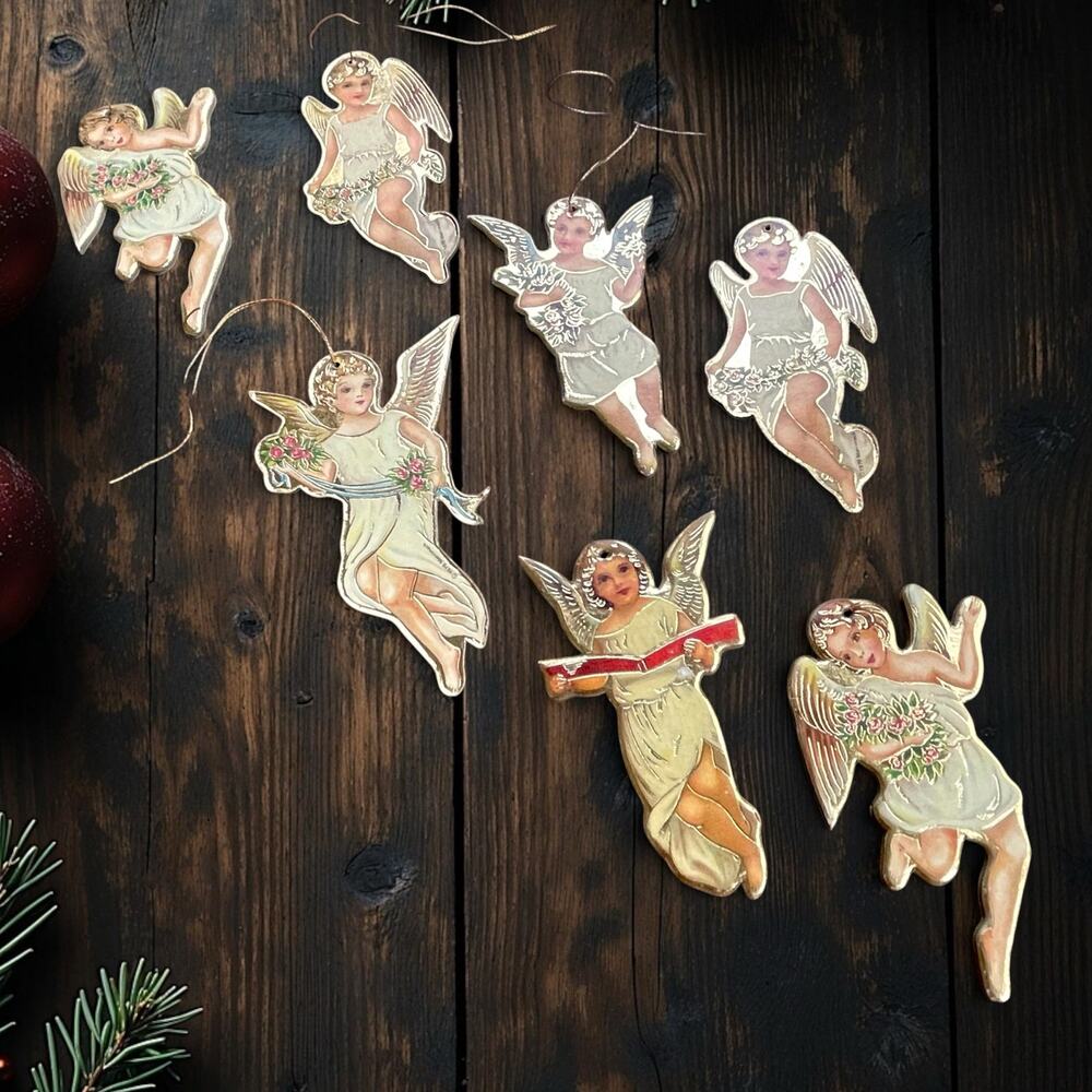 Vtg 1979 Merrimack Die Cut Victorian Christmas Angel Ornaments Lot of 7  2 Sided